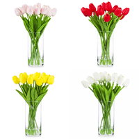 15 cabezas Touch PU Material Fabricante Flores artificiales en maceta Tulipanes con jarrón de vidrio Interior Hogar