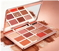 Palette de fards à paupières aux tons chauds, nuances métalliques, couleurs douces et lumineuses, maquillage professionnel