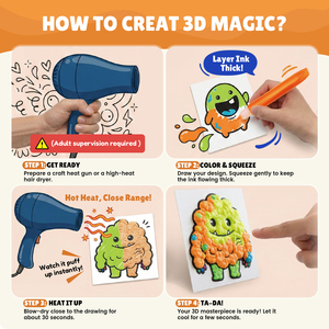 Stylos à pop-corn pour enfants, marqueurs 3D gonflables activés par la chaleur, stylos à dessin à bulles avec 6 pages de coloriage monstres, kit d'art magique à peinture gonflante - Product Image 2