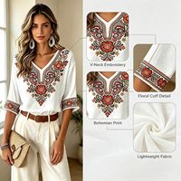 Chemise bohème à col en V, manches trois-quarts, broderie florale et animale, décontractée, pour femmes, été, respirante, à porter au quotidien