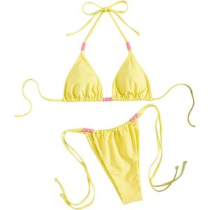 FOXA Women's 2 Piece <b>Bikini</b> <b>Set</b> Beaded Thong <b>Triangle</b> Halter High Cut Swimsuit Stretch Bathing Suit - Product Image 1