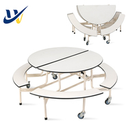 Juego de Mesa de Comedor Escolar de Madera Moderna, Plegable, con Bancos Redondos Móviles para Uso Comercial
