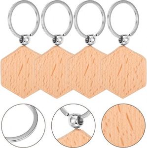 Porte-clés vierges en bois de hêtre, tranches hexagonales, anneaux en fer, non finis, pour gravure laser, pyrogravure, accessoires cadeaux personnalisés - Product Image 6