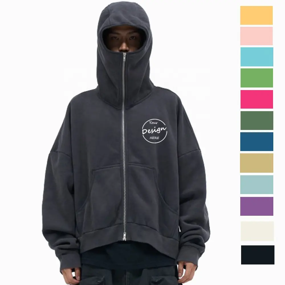 Custom Geborduurde Effen Ninja Hoodie Groothandel Zwaar Gewicht Katoen Fleece Bedekt Gezicht Hoodie Voor Mannen Boxy Fit