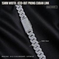 Chaîne cubaine en laiton pavée de zircone cubique de 15 mm, longueur personnalisée, bijoux hip-hop en moissanite, vente en gros