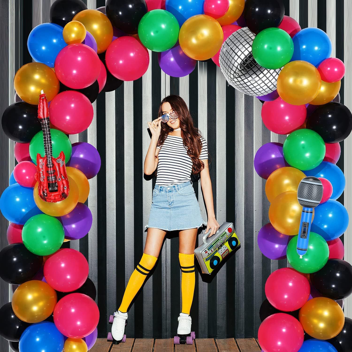 8 stuks discoballonnen van aluminium – Deco jaren 70, 80 en 90 jaar – 4 folie ballonnen, 2 rolschaatsen, 2 radio voor retro thema, hiphop, party, decoratie 50 - 58 cm
