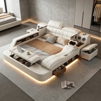 Lit double intelligent en bois et cuir avec rangement latéral, espace pour enceintes, port USB, lit tatami moderne multifonctionnel avec compartiment caché