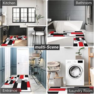 <span class=keywords><strong>Tapis</strong></span> de <span class=keywords><strong>cuisine</strong></span> géométriques rouges en polyester rembourrés, antidérapants, lavables, adaptés aux animaux domestiques, réversibles, ensemble moderne, antimicrobien - Product Image 2