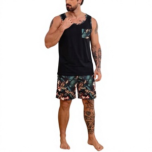 Men's Black Striped Silk Screen Printed Tank Top Set Polyester/Cotton Knitted Fabric Quick Dry Breathable Summer Wear Crew Neck - Product Image 5