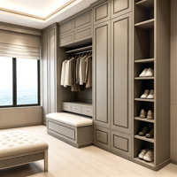 Système de rangement de chambre à coucher personnalisé en bois avec armoire, tiroirs et penderie intégrée avec banc et étagères à chaussures