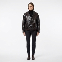 Blouson en peau de mouton pour femme, écologique, anti-plis, vente en gros usine, véritable, marron foncé, coupe bomber, uni, automne, col court, boutonné