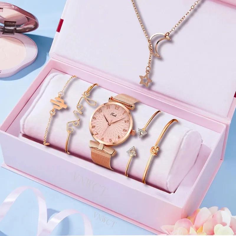 Luxury Women Watches 6pcs Set Elegant Female Wristwatches Magnetic Mesh Band montre femme reloj mujer Rose Woman Watch Bracelet