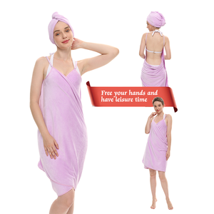 Venta al por mayor barato personalizado mujer señora microfibra <span class=keywords><strong>baño</strong></span> falda Albornoz vestido y envoltura <span class=keywords><strong>de</strong></span> pelo toalla 2 piezas Juego <span class=keywords><strong>de</strong></span> toallas <span class=keywords><strong>de</strong></span> <span class=keywords><strong>baño</strong></span> - Product Image 4