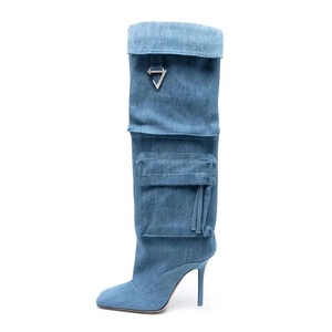 Women's Knee High Thin Heels Pockets Boots Square Toe on Stiletto Wide Fit <b>Long</b> Booties Denim Fabric Shoes - Product Image 1