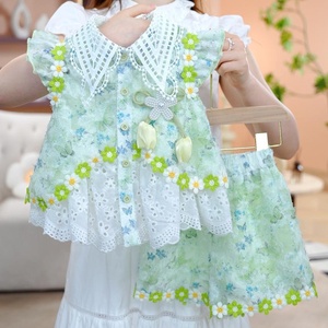 Ensemble deux pièces d'été sans manches avec col en dentelle, grand nœud et motif floral, haut et short, tenue de <span class=keywords><strong>princesse</strong></span> pour petites filles - Product Image 1