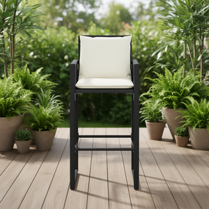 Tabouret de bar en rotin noir avec coussin crème, mobilier commercial contemporain moderne pour jardin et extérieur, structure en métal - Product Image 2