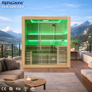 Cabine de sauna infrarouge lointain à lumière rouge pour 2 personnes, en bois massif de pruche moderne - Product Image 1
