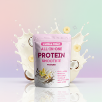 Smoothie protéiné à la crème vanille |   Whey et collagène provenant de bétail nourri à l'herbe |   Lait de coco biologique à la banane |   Mélange de Boissons Fonctionnelles au Cordyceps et au Reishi