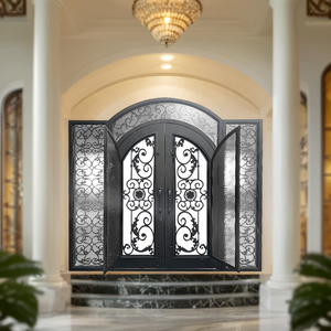 Porta d'Ingresso Doppia <span class=keywords><strong>in</strong></span> Ferro Battuto con Design a Vaso di Fiori e Viti, con Luci Laterali e Traversa, Finitura Effetto Legno - Product Image 4
