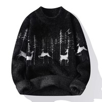 Winter Herren Rundhals-Pullover mit Hirschmotiv Klassischer Modischer Dicker Kunstfell-Fleece Loser Warmer Basis-Pullover