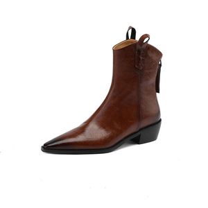 Bottines courtes vintage pour femmes, automne-hiver 2024, sexy, bout pointu, chaussures en cuir véritable, talons <span class=keywords><strong>mi</strong></span>-hauts confortables, bottines à la cheville pour <span class=keywords><strong>femme</strong></span>, noir, taille 48 - Product Image 1