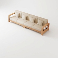 Canapé en bois massif de style nordique personnalisé en forme de L avec coussins en tissu beige, ensemble de canapés sectionnels modernes pour salon