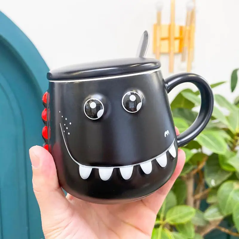Solhui unique cute cartoon animal 3d relievo embossed dinosaur monster ceramic coffee cups porcelain water mugs