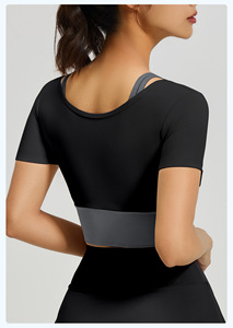 Top de Yoga para Mujer al por Mayor con Sujetador Incorporado, 2 en 1, con Capas, Cuello Redondo, Manga Corta, Top Corto para Gimnasio, Entrenamiento, Ajuste Delgado, Camiseta de Pilates - Product Image 2