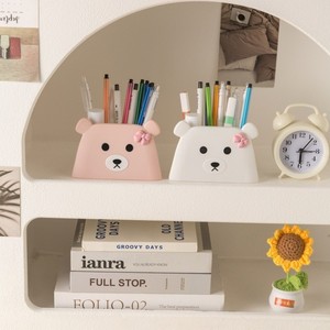 Cute Bear Pen Holder Desktop Stationery Storage Box Double Compartment White And Pink For Office School Use - Product Image 3