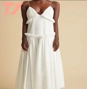 TUOYI artı boyutu kadın zarif pilili kolsuz V boyun bir çizgi Maxi rahat elbise Laddies Ruffled memnun beyaz pamuklu elbiseler