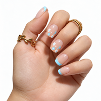 Kuku Palsu Motif Bunga Daisy Biru Segar, Full Cover, Tip Kuku Salon, Seni Kuku Soft Gel, Kuku Buatan, Art Des Ongles