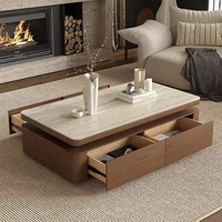 Table basse rectangulaire Wabi Sabi de style mid-century, plateau en pierre frittée travertin, bois massif, plusieurs tiroirs de rangement