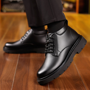 Bottes Martin pour homme, hauteur cheville, bout rond, dessus en cuir, doublure en fourrure, semelle extérieure en caoutchouc, lacets, chaussures décontractées chaudes et isolantes pour l'hiver - Product Image 3