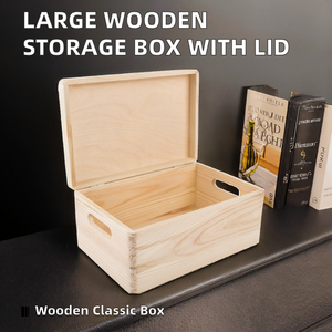 KIKA <b>Large</b> Rectangle Wooden <b>Gift</b> Storage <b>Box</b> with Matt Finish Unpainted and Hinged Lid for Christmas Graduation & Halloween - Product Image 2