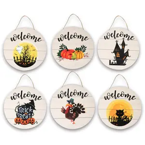 2023 New Wooden Crafts Hanging Halloween Home Decoration Round Kitten Pattern Wooden Hanging