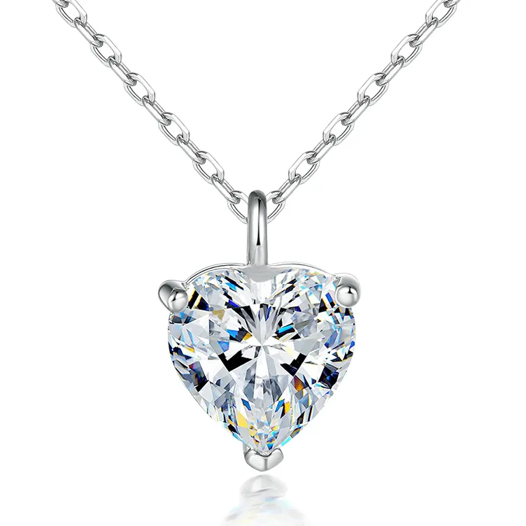 Simple Heart Pendant Cut 8*8mm White Gold Plated Prong Setting Real Silver Necklaces for Women