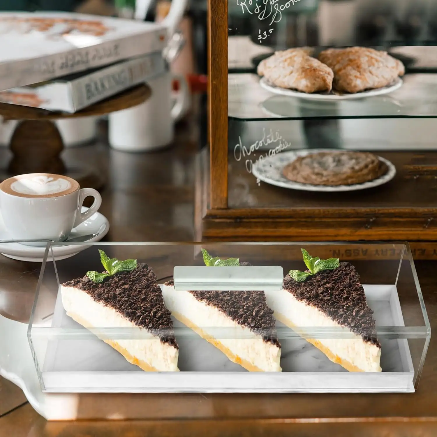 Acryl Brooddoos Rechthoekige Cake Lade Met Deksel Voedsel Dienblad Dessert Cake Stand Marmeren Basis Display Box Voor Feest Bruiloft