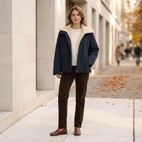 Veste rétro en sherpa bleu marine, style workwear, coupe courte, pour l'automne et l'hiver