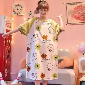 우아한 여성 나이트 드레스 인쇄 잠옷 귀여운 소녀 Homewear 면화 셔츠 플러스 사이즈 캐주얼 Nightdress 느슨한 홈 드레스 3XL