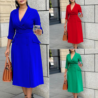 Robe Tendance Automne D3294 pour Femme – Élégante et Décontractée, Col Tailleur Croisé, Manches Trois-Quarts, Idéale pour le Bureau