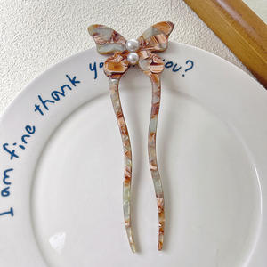 Qianjin新しいヘアアクセサリー2024春夏エレガントなカラフルなアセテートパールビーズバタフライヘアスティックフォークU字型ヘアピン - Product Image 6