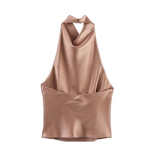 PB&ZA Femme 2025 Nouvelle Mode Débardeurs en Satin de Soie Texturé à Col Montant Vintage Dos Nu Cami <span class=keywords><strong>Chic</strong></span> pour Femmes - Product Image 3