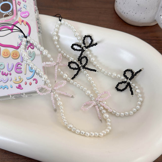 Cute Pearl Bowknot Beaded Mobile Phone Chain for Women Girls Telephone Case Anti-Lost Hanging Lanyard Strap Keychain Jewelry