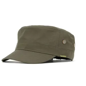 Topi katun datar untuk pria, topi katun tentara hijau dengan stik kain, topi bintang lima-sudut gaya kasual pinggiran datar untuk pria