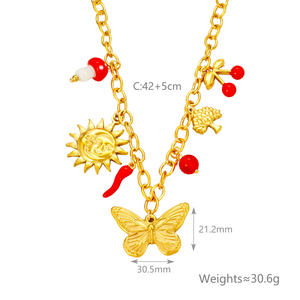 Collana alla Moda con Ciondolo a Fiore, Catene in Acciaio Inossidabile Placcato Oro 18K, Design Anti-Sbiadimento con Sole, Ciliegia, Farfalla e Cuore - Product Image 5