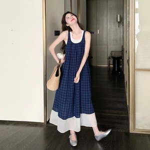 Blue Plaid Sleeveless Dress Women Elastic Waist Spaghetti Strap Contrast Color Leisure Casual Long Dress - Product Image 2