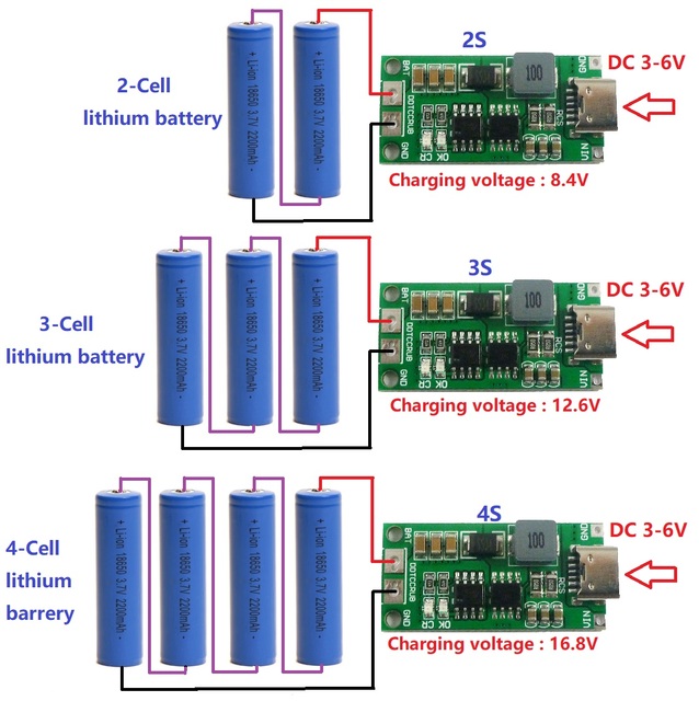 DDTCCRUB DC 3-6V to 8.4V-18.8V 12.6V 16.8V 7.4V 11.1V 14.8V 18650 1-4A Multi-cell Type-C Step-up Boost Li-ion Po/Li-ion Charger