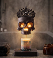 Lampe chauffe-cire électrique à intensité variable, design Couronne Gothique Crâne, avec abat-jour en résine et base en bois d'hévéa, pour bougies aromatiques, décoration d'Halloween