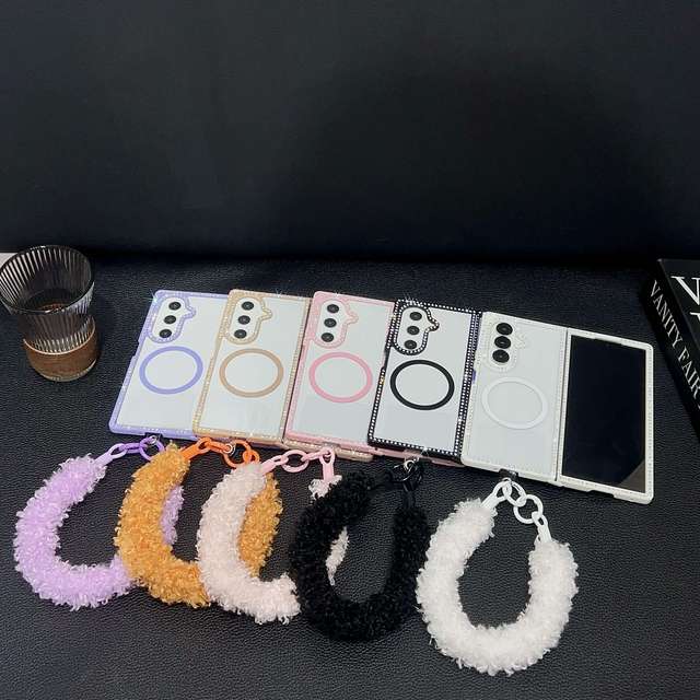 Frame with Full Diamonds and Magnetic Phone Case for samsung Z Fold 7 6for Z Flip 6 5 with Plush Chain Mobile Phone Accessories