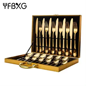 Dengan kotak western mewah hotel Baja tahan karat 18/10 emas silverwar sendok garpu pisau set sendok garpu untuk pernikahan
